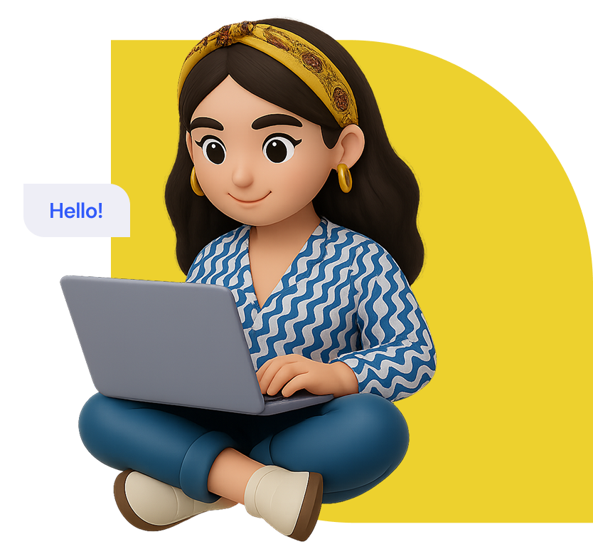 Alessia working on her laptop - illustrated character with laptop